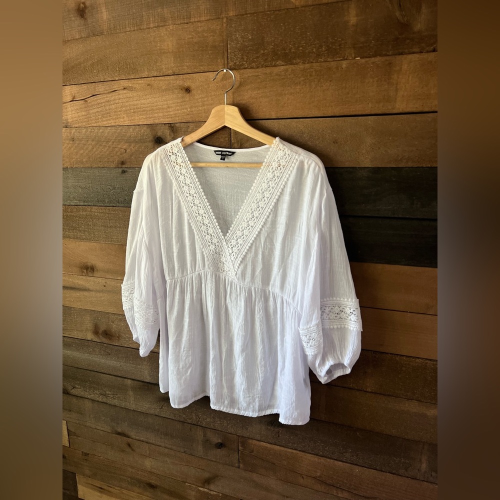 Unique Spectrum White Boho Peasant Blouse with Crochet Lace Trim Women’s L - Picture 6 of 9